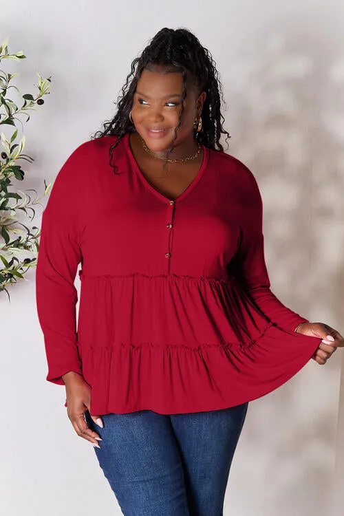 Half Button Tiered Long Sleeve Ruffle Hem Blouse