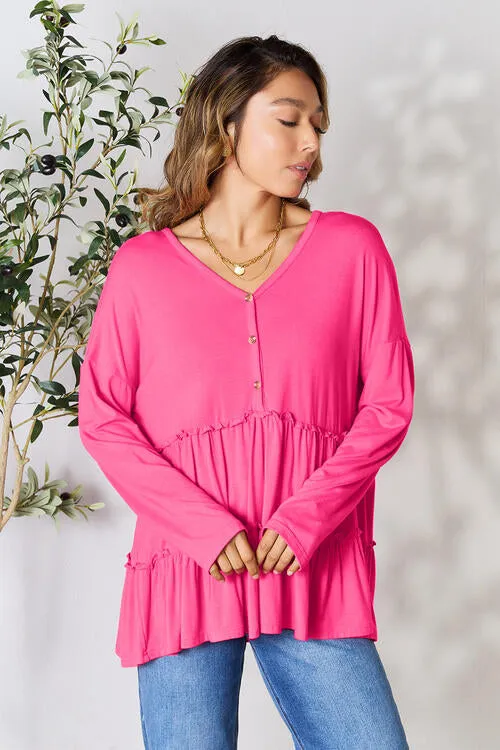 Half Button Tiered Long Sleeve Ruffle Hem Blouse