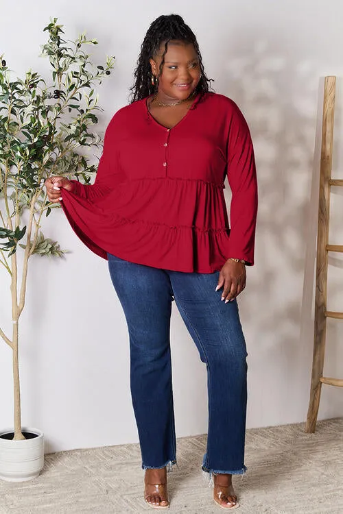 Half Button Tiered Long Sleeve Ruffle Hem Blouse