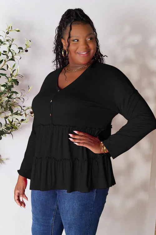 Half Button Tiered Long Sleeve Ruffle Hem Blouse