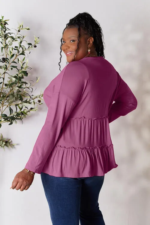 Half Button Tiered Long Sleeve Ruffle Hem Blouse