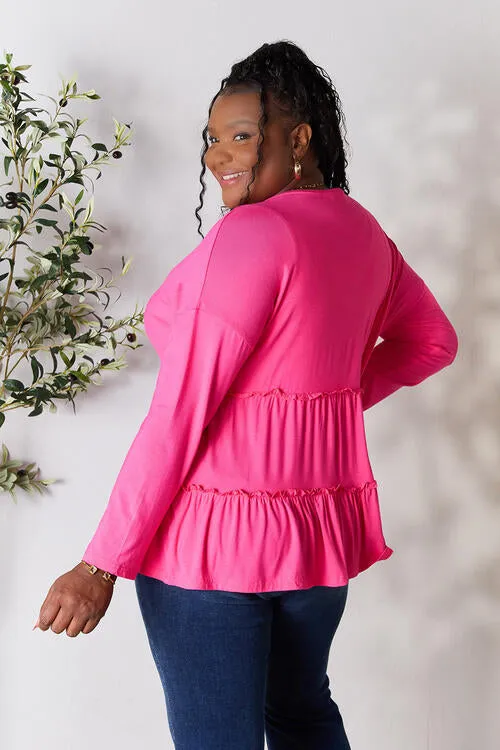 Half Button Tiered Long Sleeve Ruffle Hem Blouse