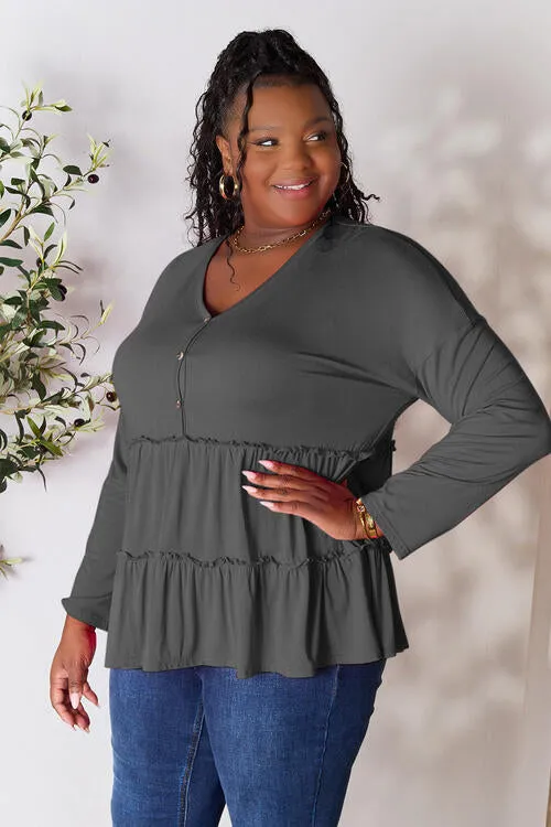 Half Button Tiered Long Sleeve Ruffle Hem Blouse