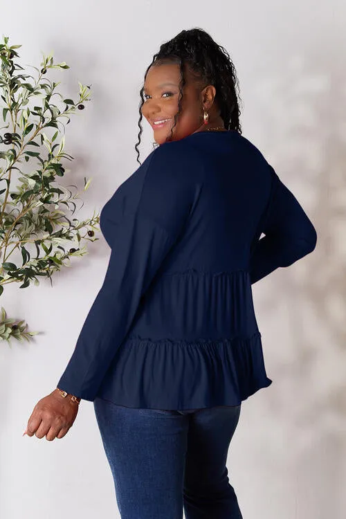 Half Button Tiered Long Sleeve Ruffle Hem Blouse