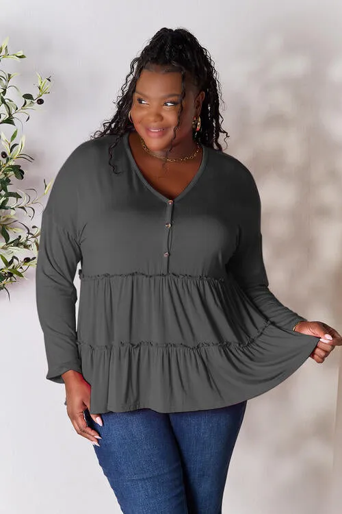 Half Button Tiered Long Sleeve Ruffle Hem Blouse