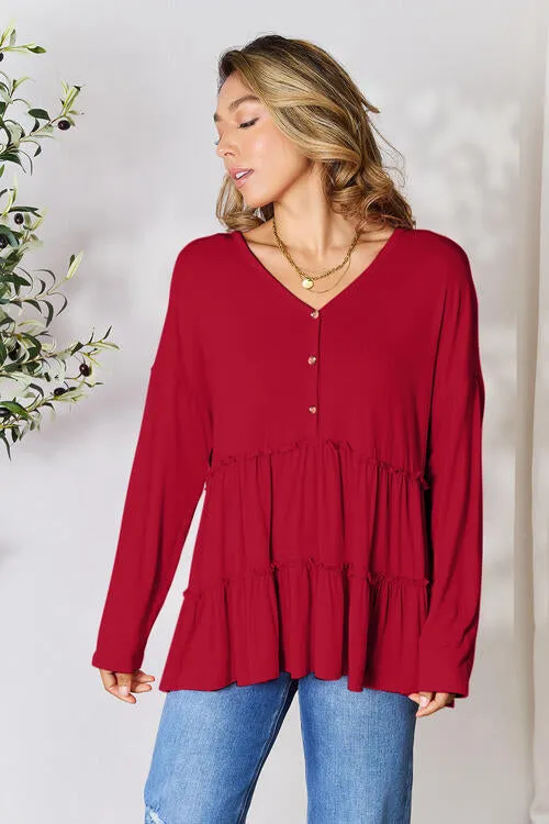 Half Button Tiered Long Sleeve Ruffle Hem Blouse