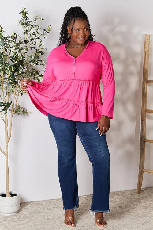Half Button Tiered Long Sleeve Ruffle Hem Blouse