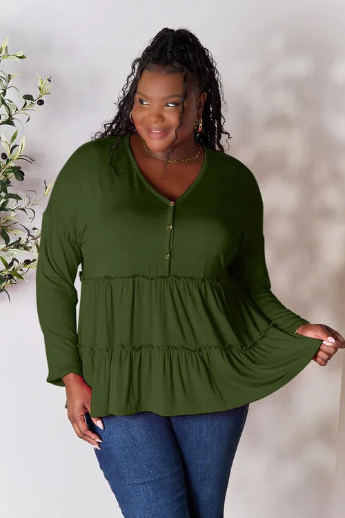 Half Button Tiered Long Sleeve Ruffle Hem Blouse