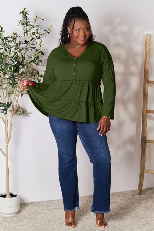 Half Button Tiered Long Sleeve Ruffle Hem Blouse