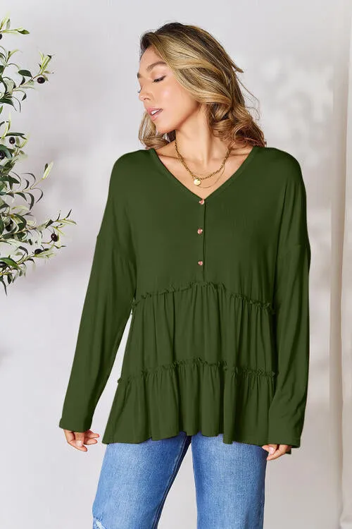 Half Button Tiered Long Sleeve Ruffle Hem Blouse