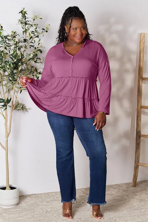 Half Button Tiered Long Sleeve Ruffle Hem Blouse