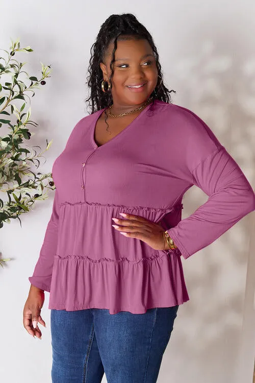 Half Button Tiered Long Sleeve Ruffle Hem Blouse