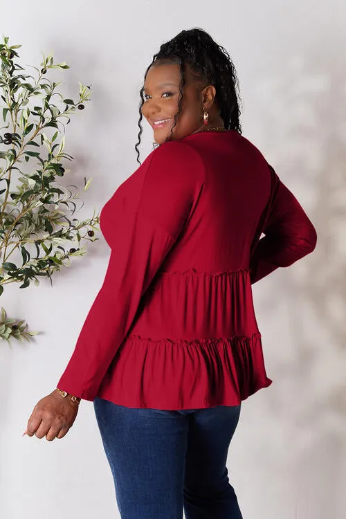 Half Button Tiered Long Sleeve Ruffle Hem Blouse