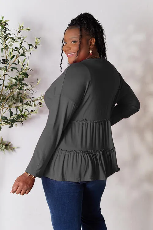 Half Button Tiered Long Sleeve Ruffle Hem Blouse
