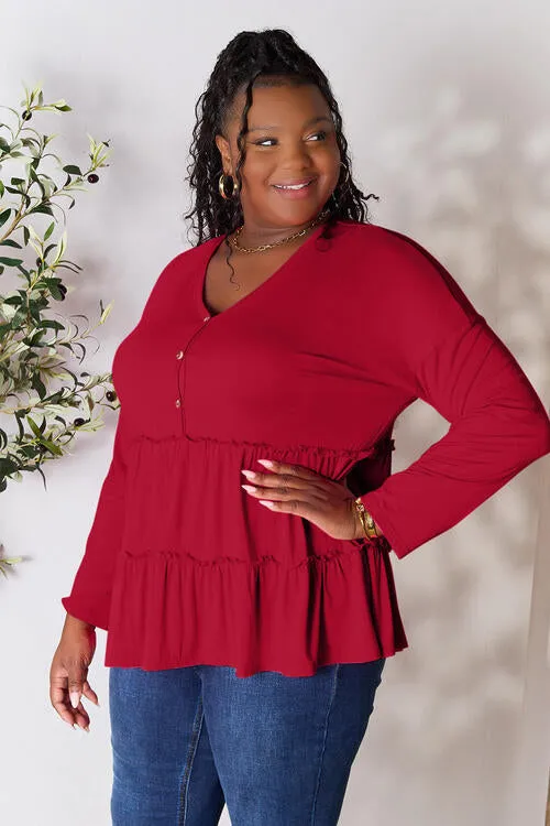 Half Button Tiered Long Sleeve Ruffle Hem Blouse