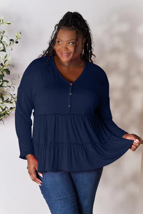 Half Button Tiered Long Sleeve Ruffle Hem Blouse