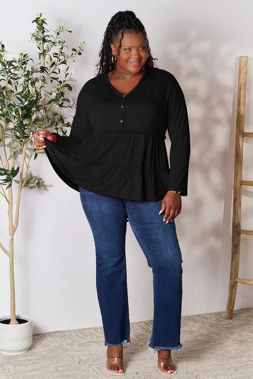 Half Button Tiered Long Sleeve Ruffle Hem Blouse
