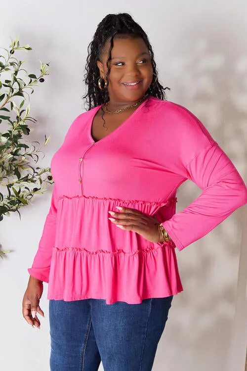 Half Button Tiered Long Sleeve Ruffle Hem Blouse