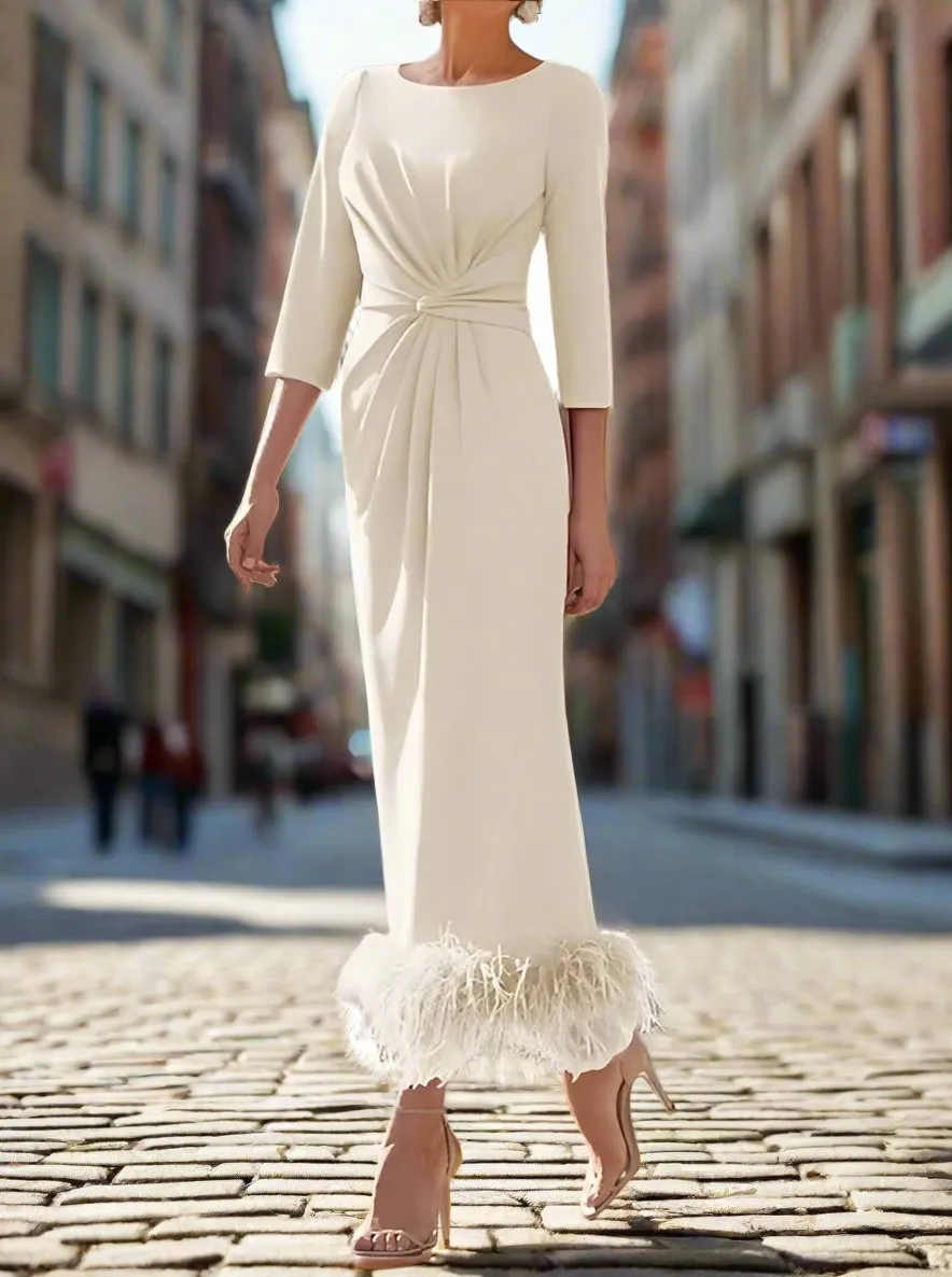 Half Sleeves Sheath Ankle Length Mother of the Bride Dress with Feathers