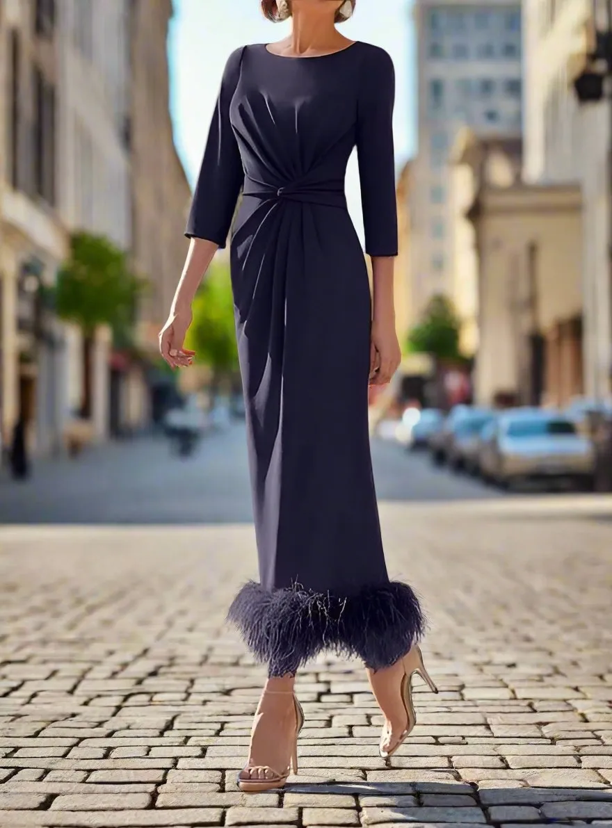 Half Sleeves Sheath Ankle Length Mother of the Bride Dress with Feathers
