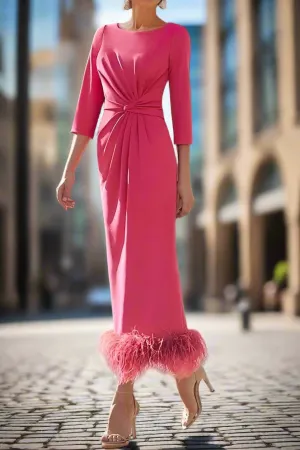 Half Sleeves Sheath Ankle Length Mother of the Bride Dress with Feathers