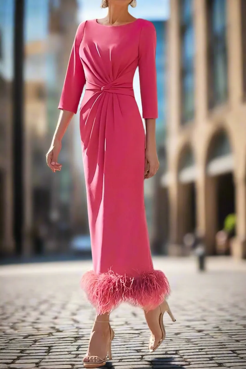 Half Sleeves Sheath Ankle Length Mother of the Bride Dress with Feathers