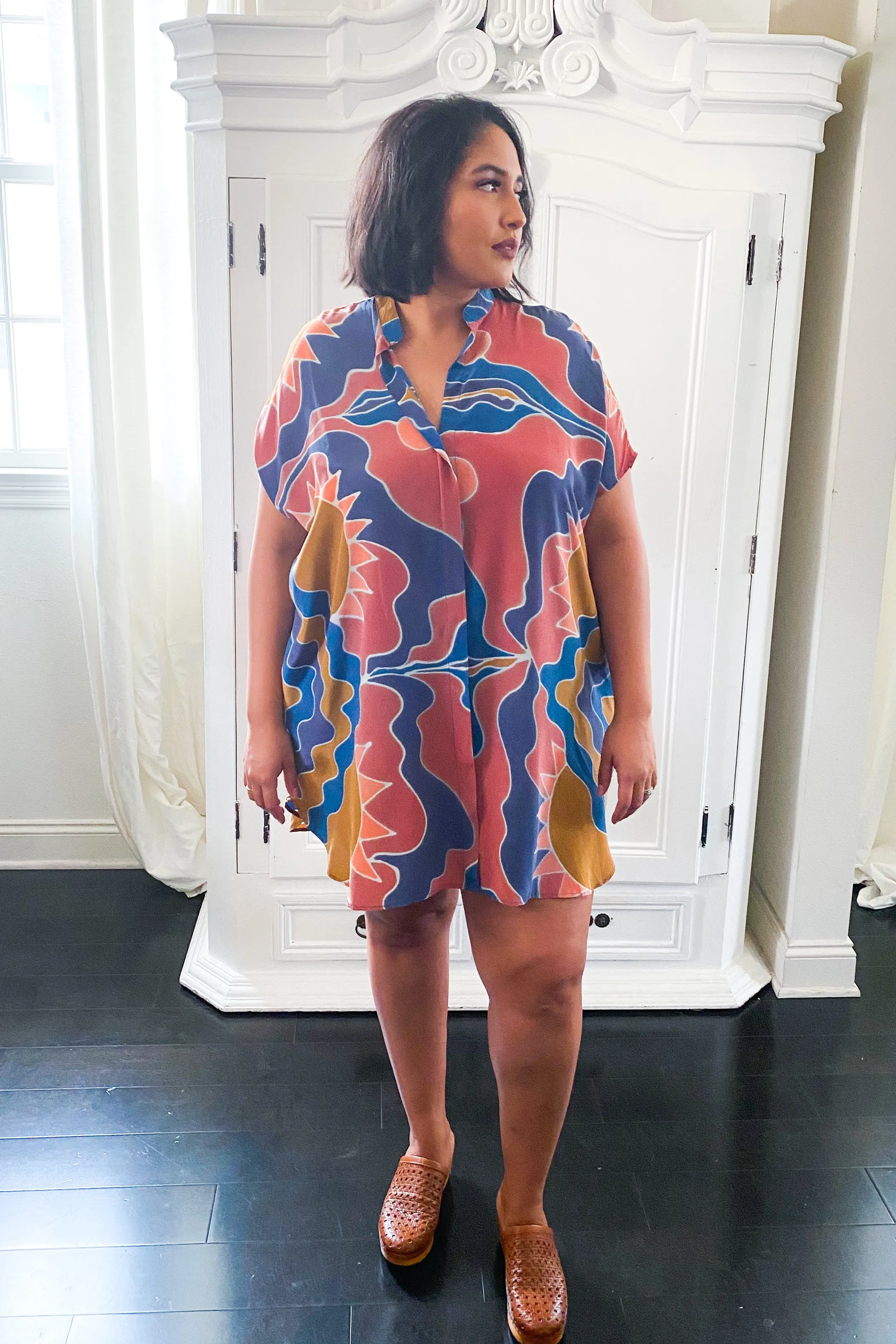 Hand Painted Silk Shirt Dress - Saturn Suns
