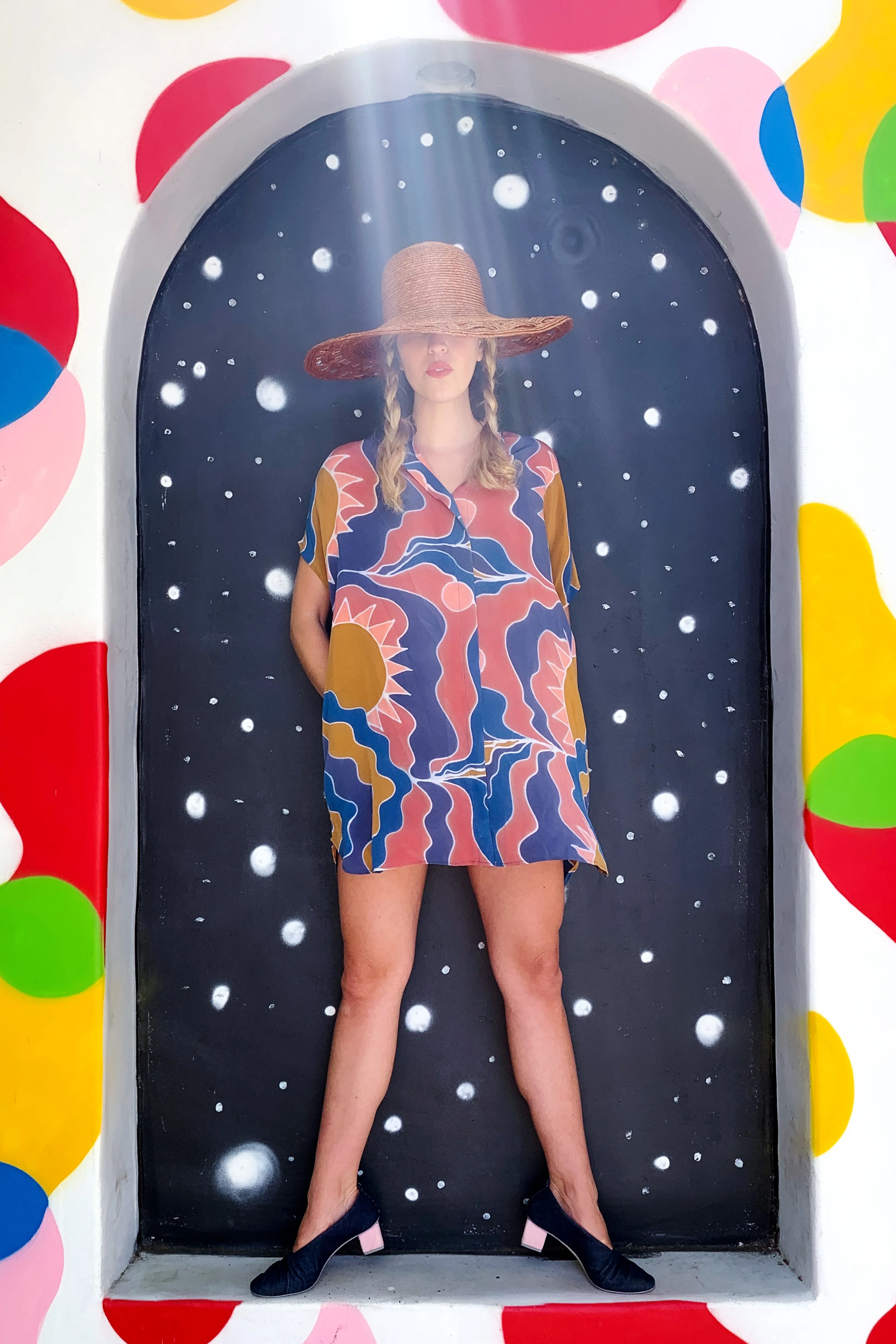 Hand Painted Silk Shirt Dress - Saturn Suns