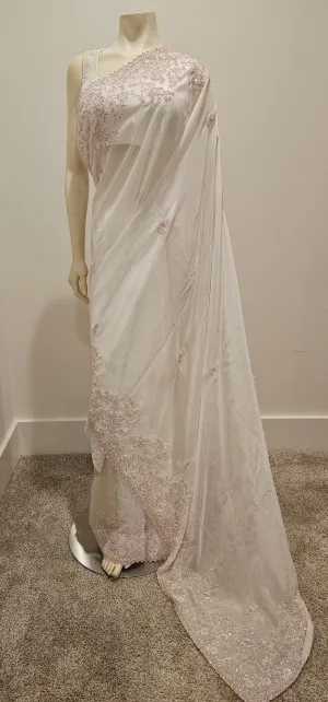 Hand work white Satin Saree w/ Blouse. SOLD