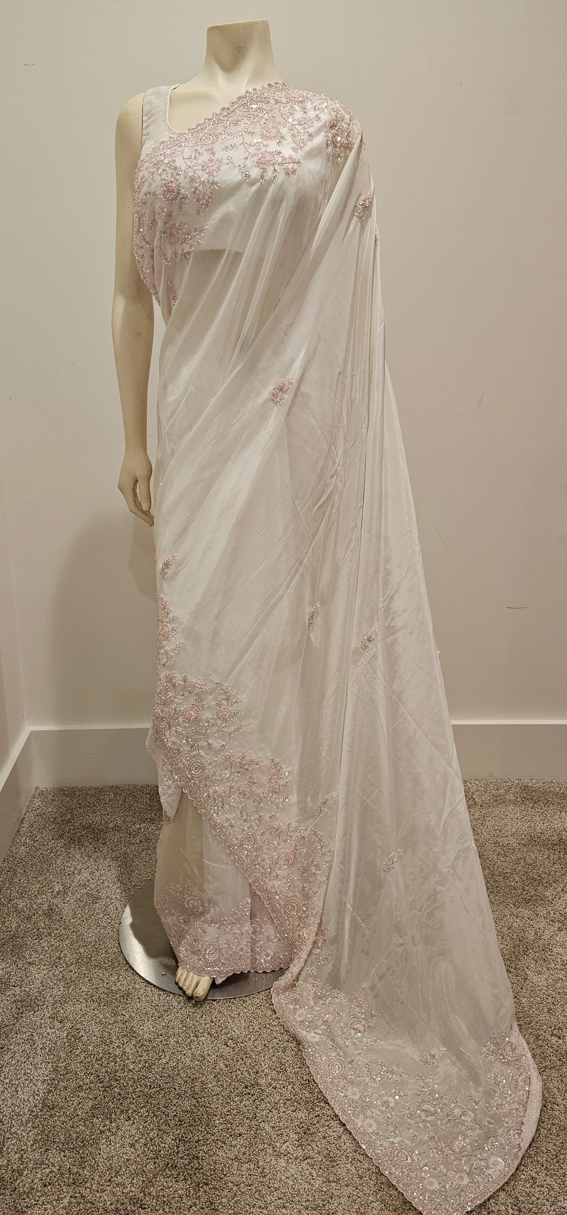 Hand work white Satin Saree w/ Blouse. SOLD