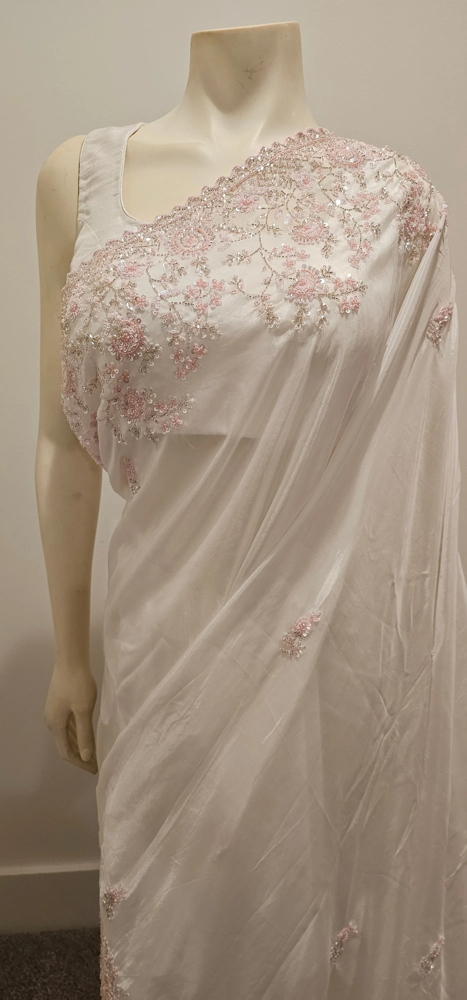 Hand work white Satin Saree w/ Blouse. SOLD