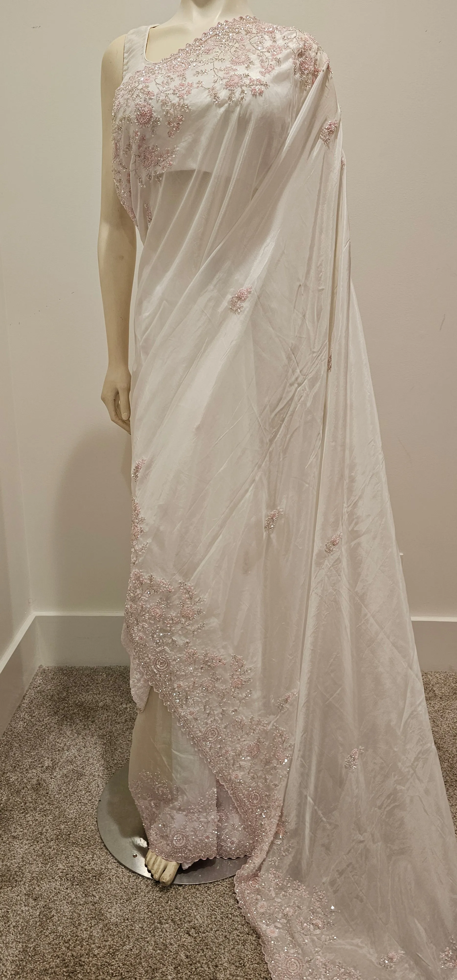 Hand work white Satin Saree w/ Blouse. SOLD