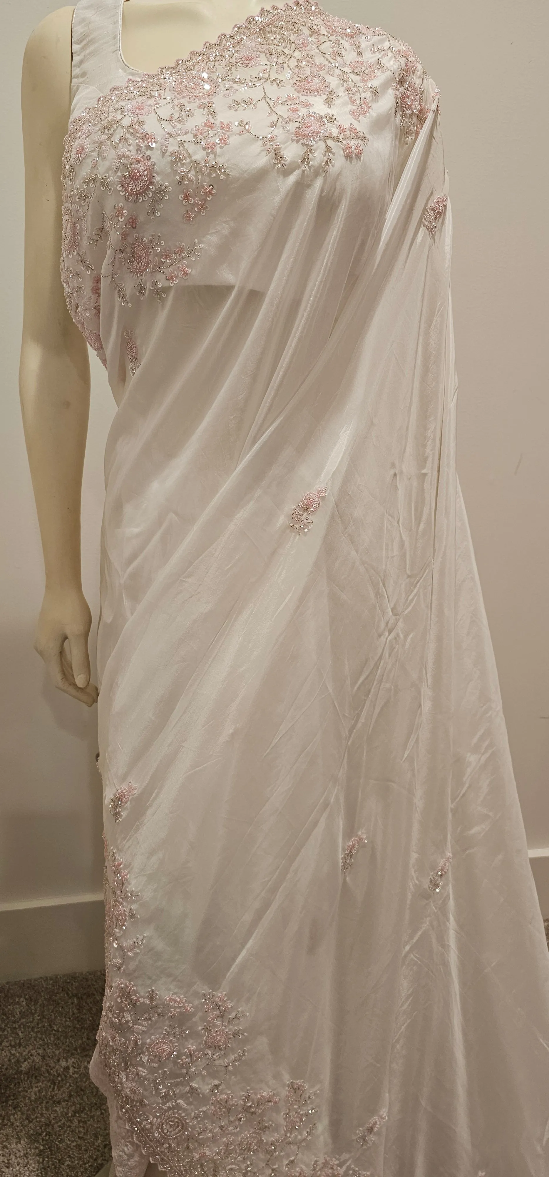 Hand work white Satin Saree w/ Blouse. SOLD