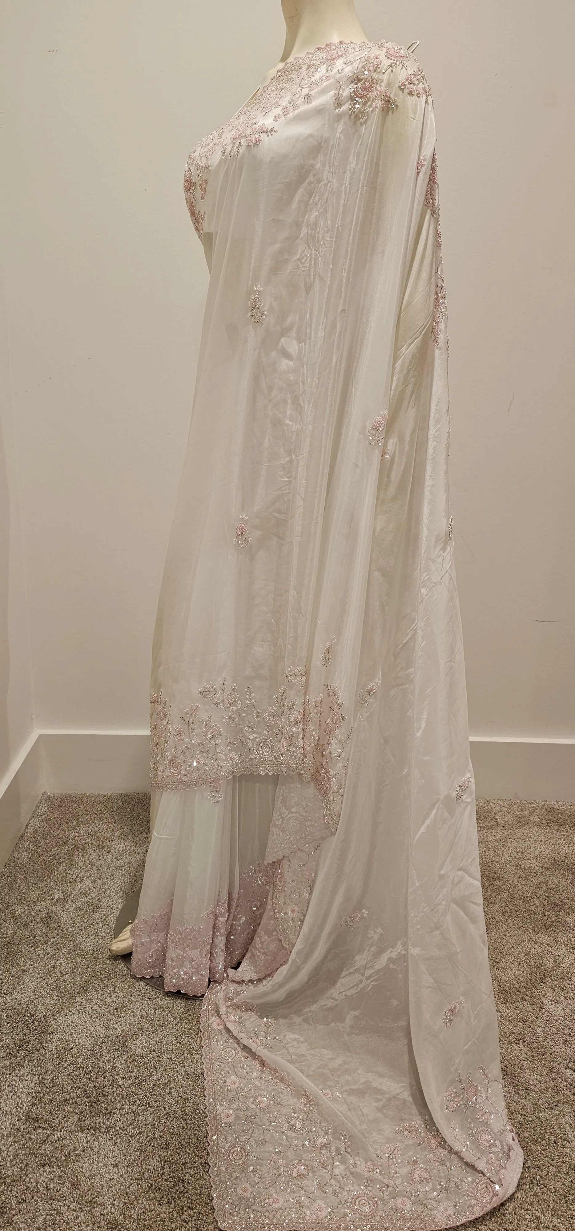 Hand work white Satin Saree w/ Blouse. SOLD