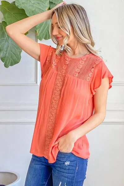 Hazel Blues® |  And The Why Lace Detail Ruffle Short Sleeve Blouse