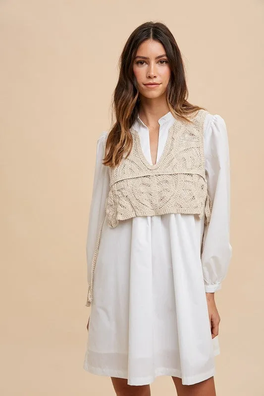 Hazel Blues® |  Annie Wear Crochet Vest Notched Long Sleeve Shirt Dress