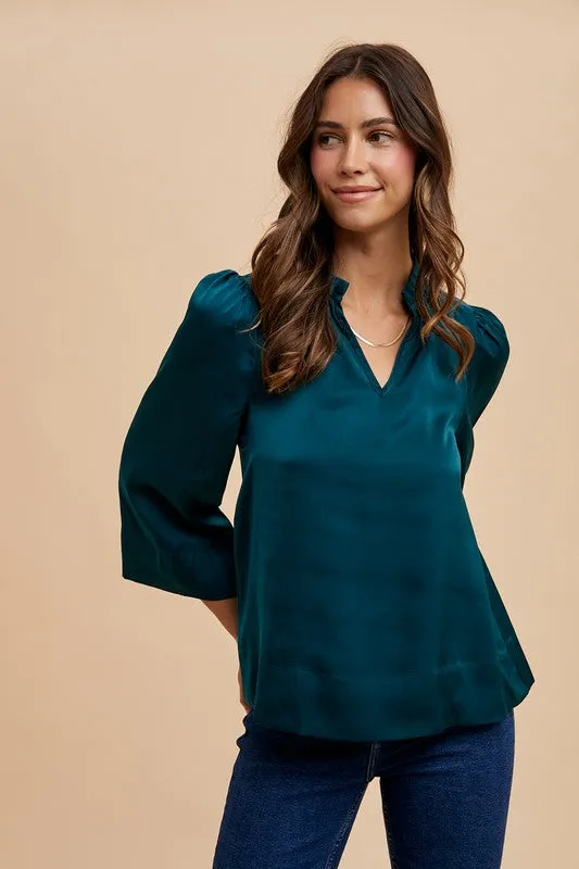 Hazel Blues® |  Annie Wear Satin Notched Three-Quarter Sleeve Blouse