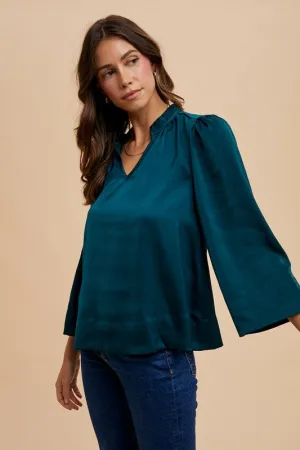 Hazel Blues® |  Annie Wear Satin Notched Three-Quarter Sleeve Blouse