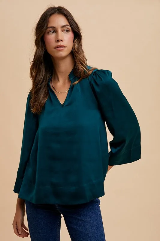 Hazel Blues® |  Annie Wear Satin Notched Three-Quarter Sleeve Blouse