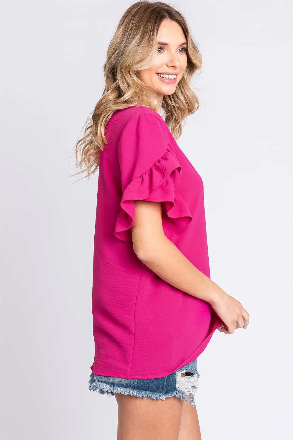 Hazel Blues® |  GeeGee V-Neck Ruffle Trim Short Sleeve Blouse