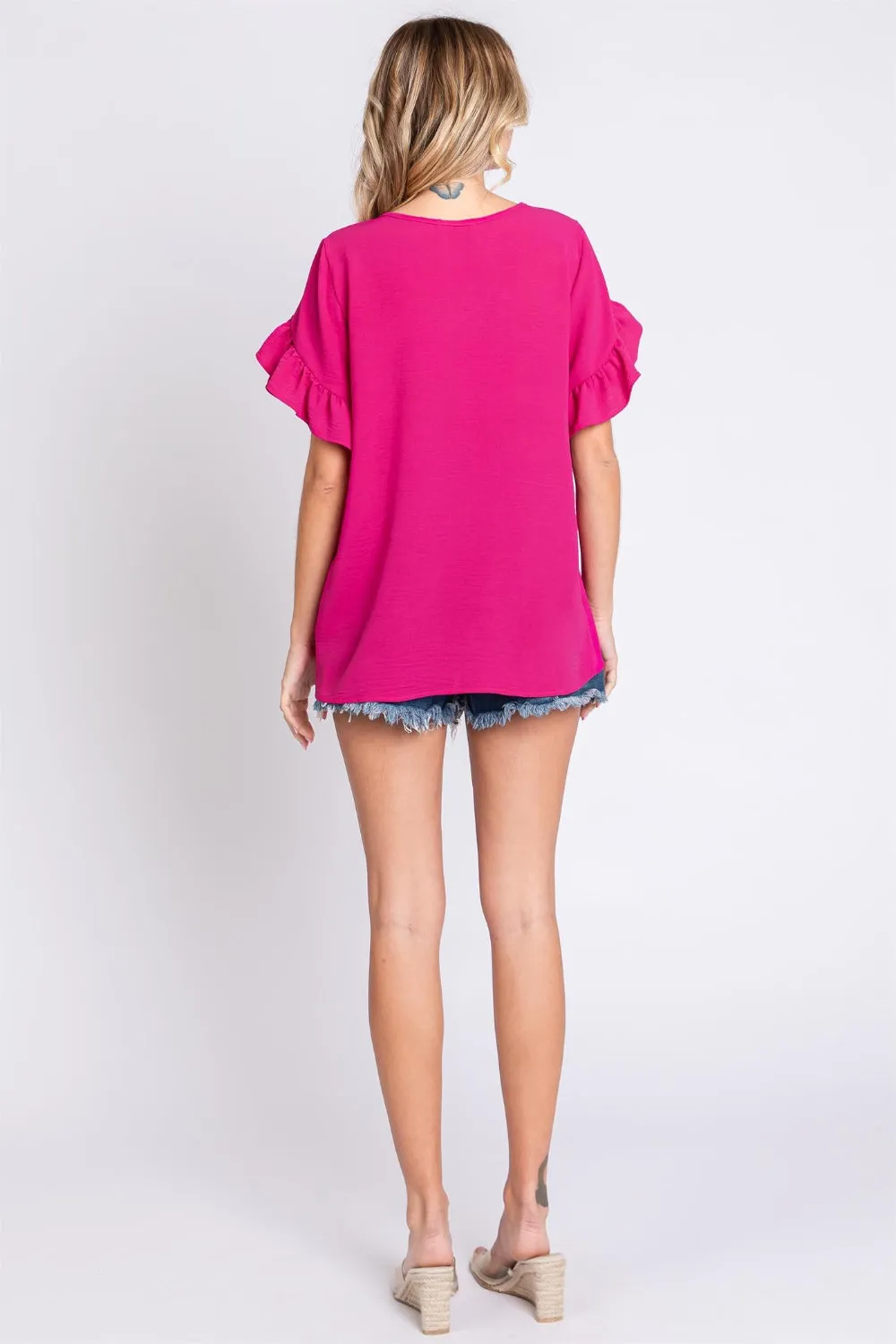Hazel Blues® |  GeeGee V-Neck Ruffle Trim Short Sleeve Blouse