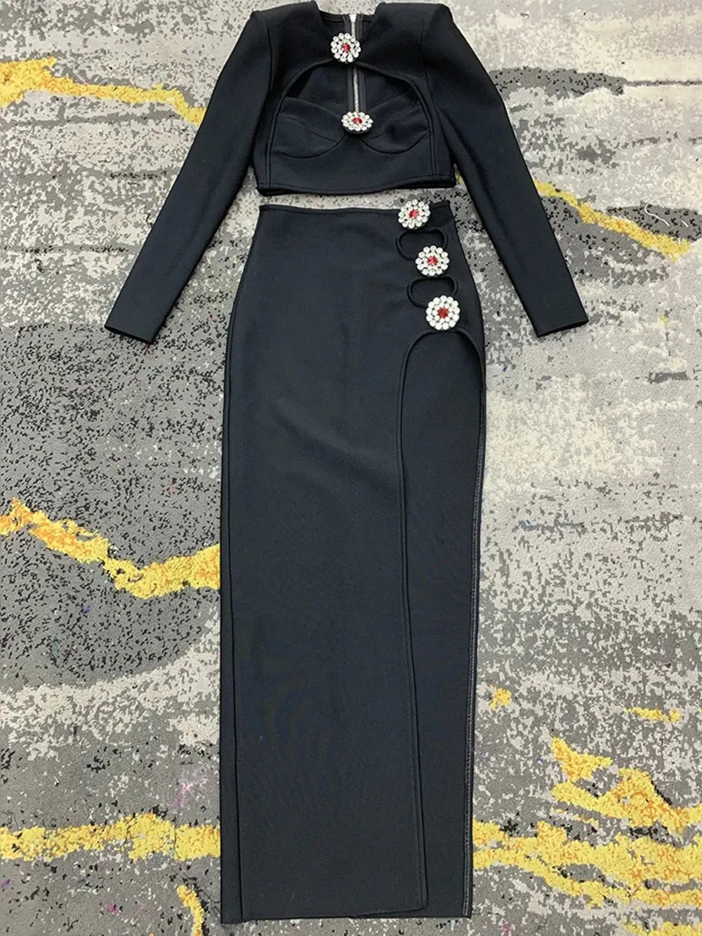 Hollow Out Diamond Short Top Side Slit Long Skirt Bandage Two-Piece Set