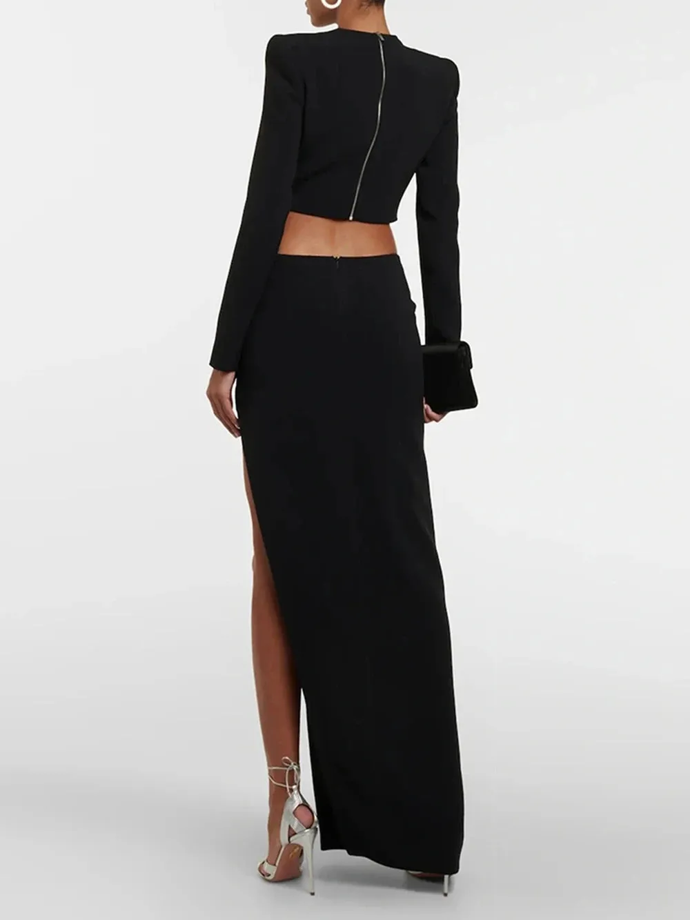 Hollow Out Diamond Short Top Side Slit Long Skirt Bandage Two-Piece Set