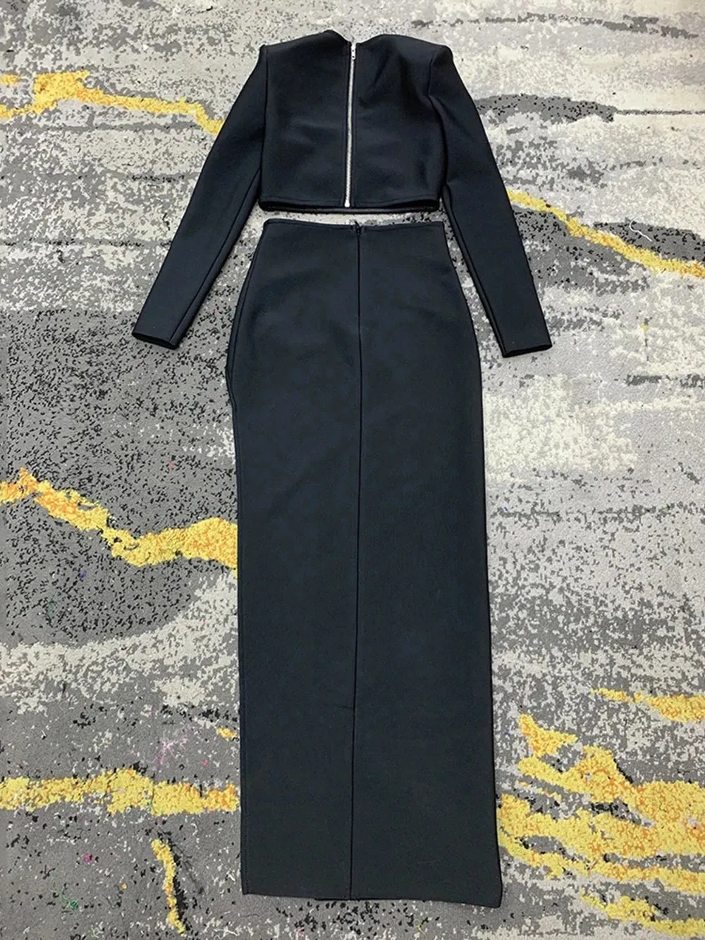 Hollow Out Diamond Short Top Side Slit Long Skirt Bandage Two-Piece Set