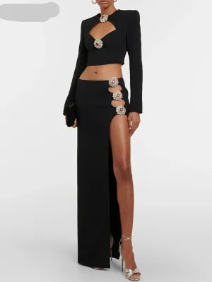 Hollow Out Diamond Short Top Side Slit Long Skirt Bandage Two-Piece Set