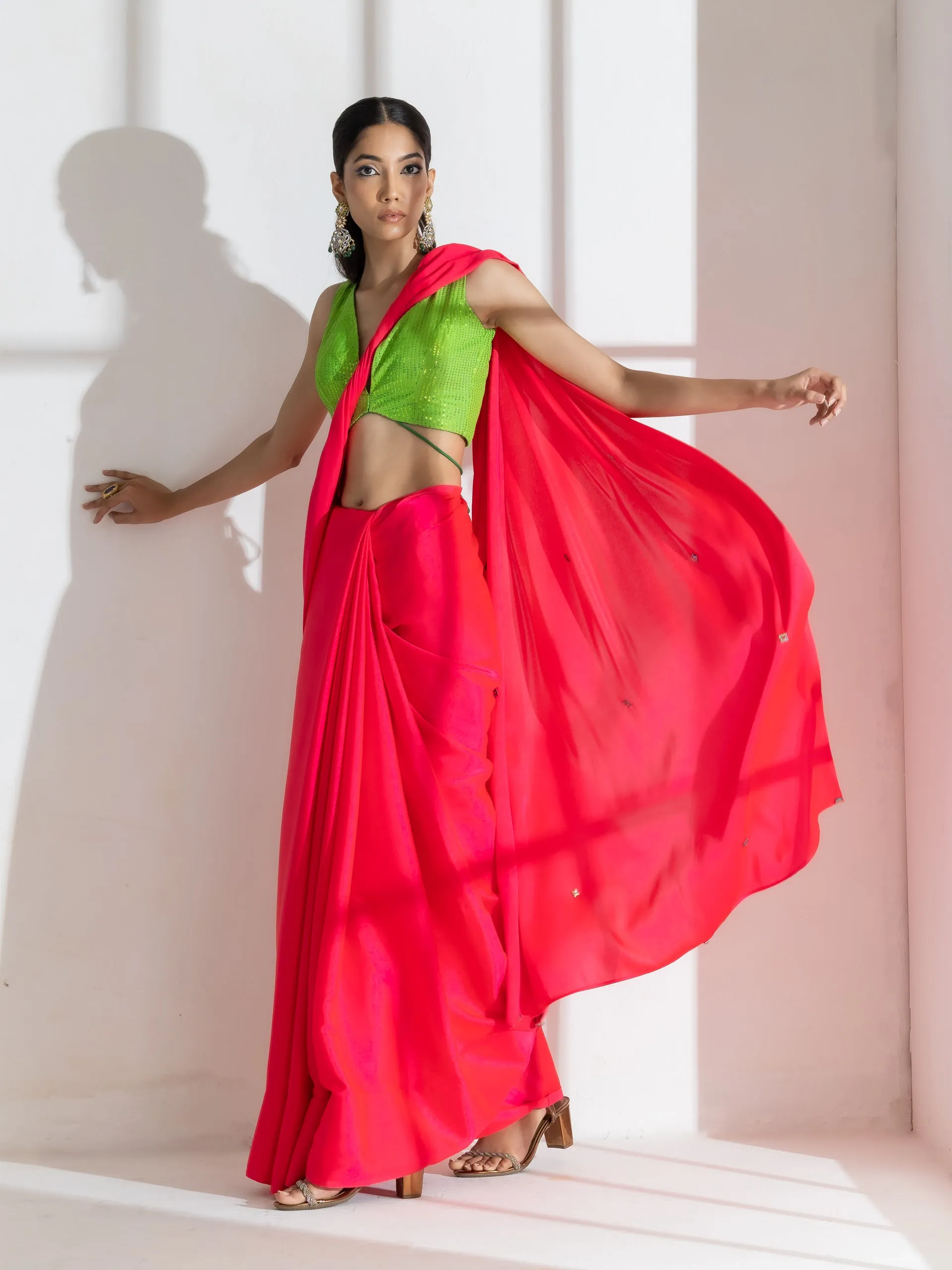 Hot Pink Satin Saree with Rainbow Beads and Green Sequin Blouse Fabric
