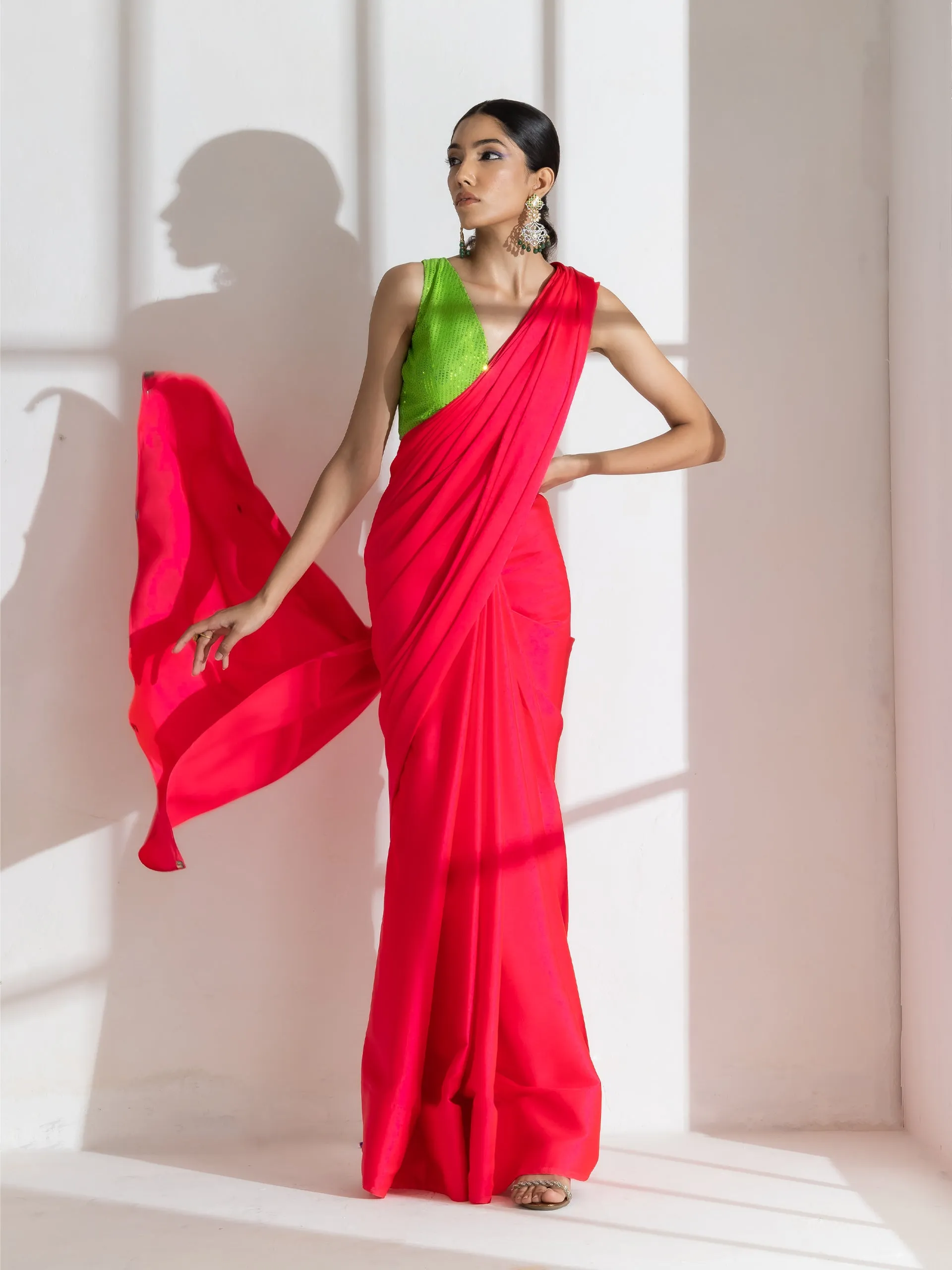 Hot Pink Satin Saree with Rainbow Beads and Green Sequin Blouse Fabric