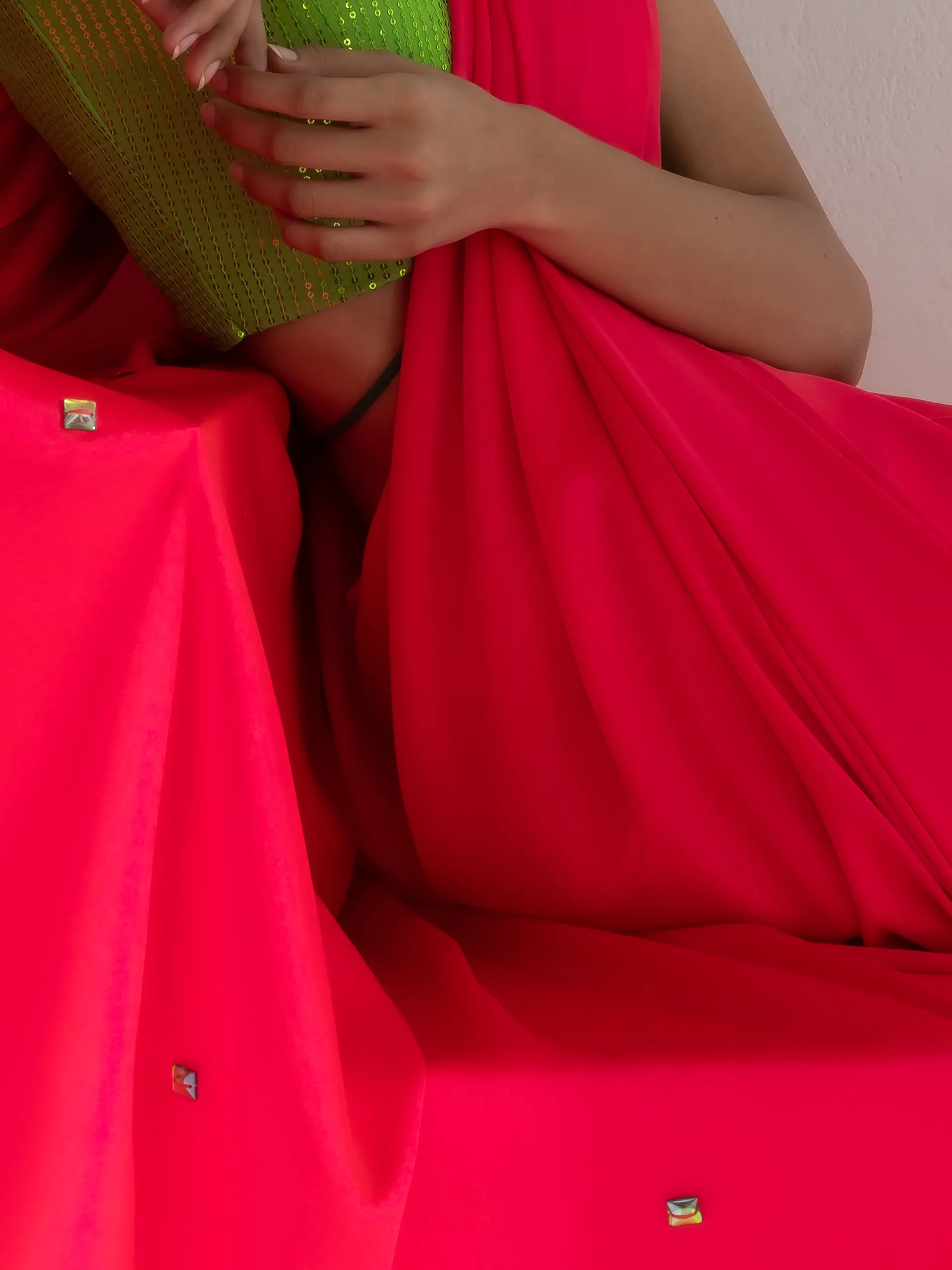 Hot Pink Satin Saree with Rainbow Beads and Green Sequin Blouse Fabric