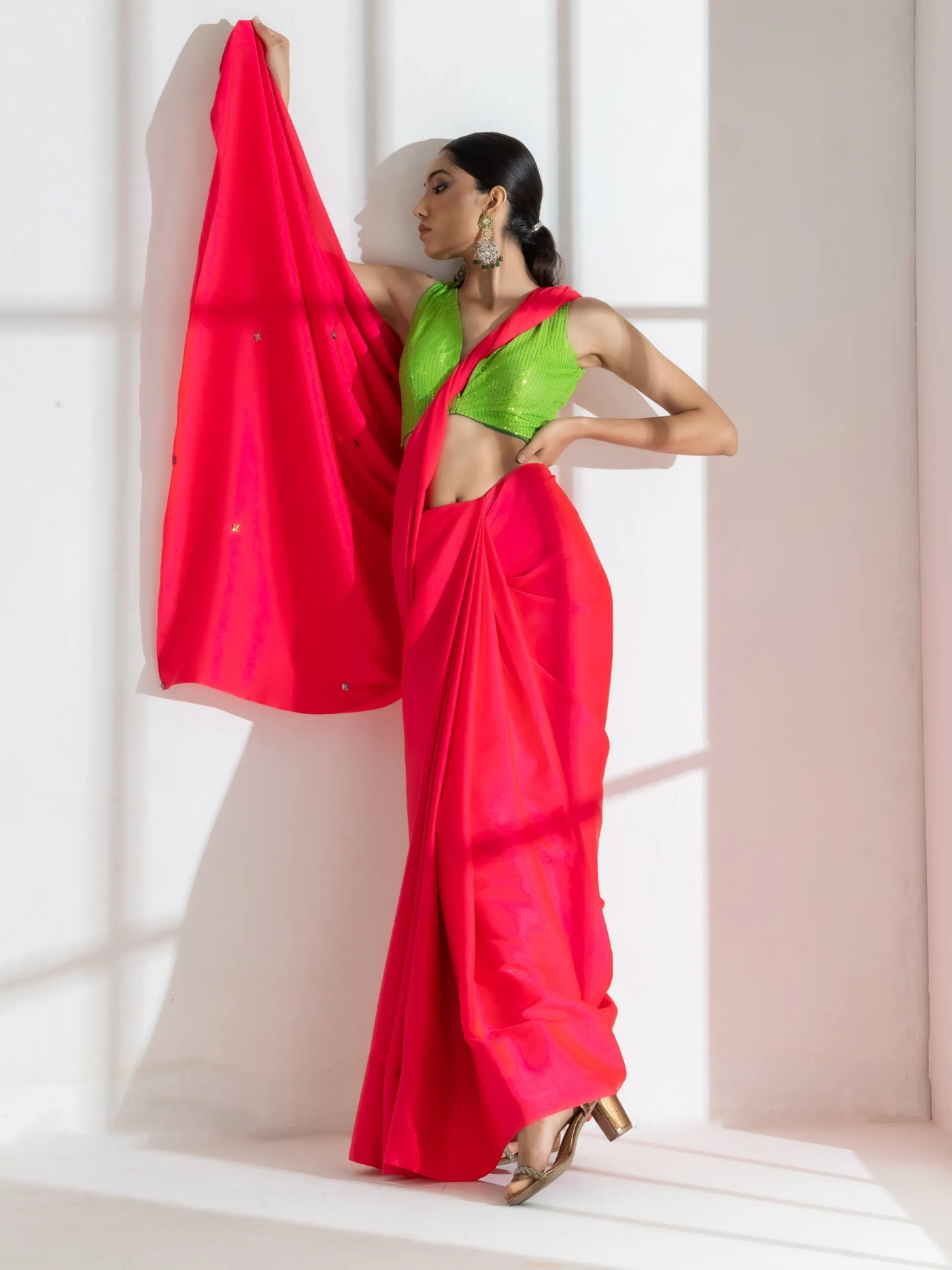 Hot Pink Satin Saree with Rainbow Beads and Green Sequin Blouse Fabric