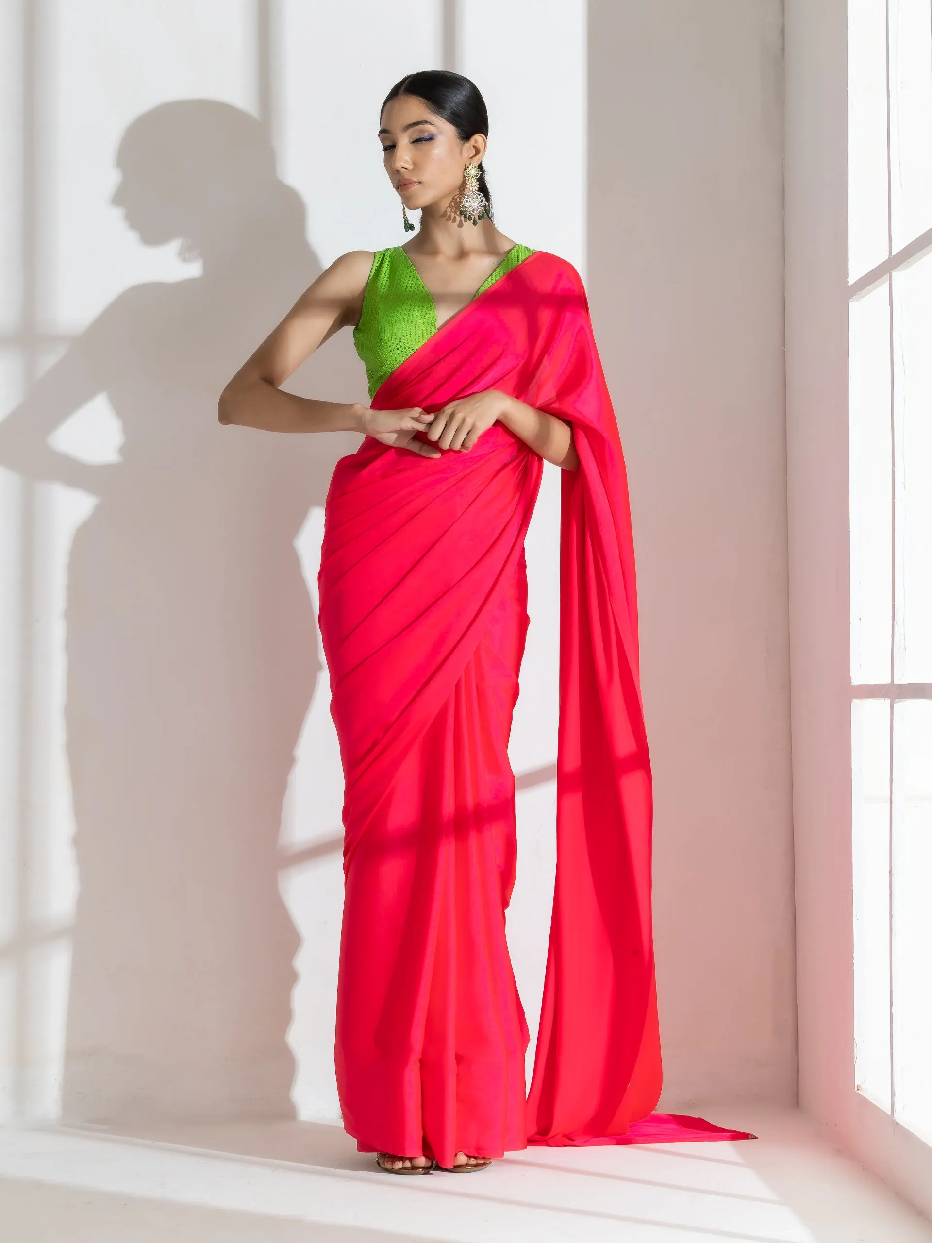 Hot Pink Satin Saree with Rainbow Beads and Green Sequin Blouse Fabric
